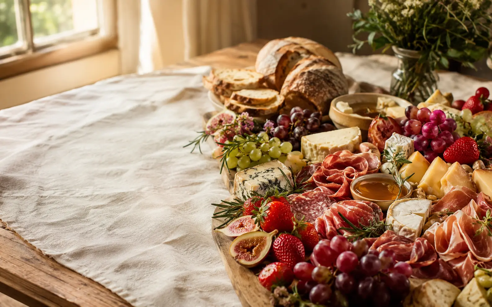 Tábua de frios artesanal com queijos, frutas, pães e embutidos