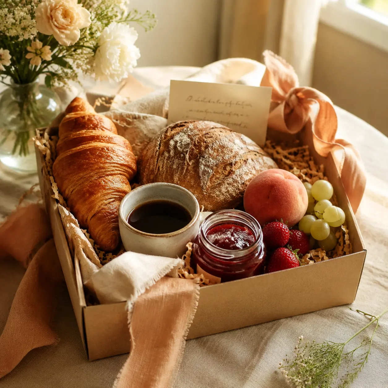 Cesta de café da manhã artesanal com frutas, pães e flores